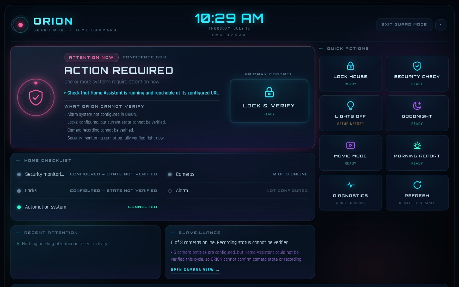 ORION Guard Mode showing system checks, security controls, and items that require attention